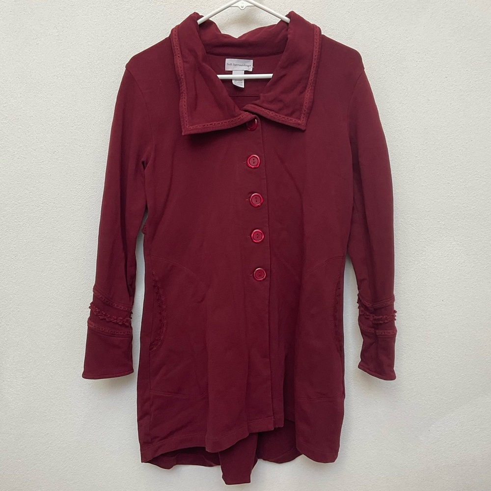 Soft Surroundings Maroon Rachel Button Front Jacket Size Med Fall Boho Stretchy
